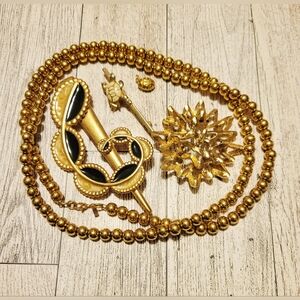 LOT of MONET Signed Gold Tone Jewelry Brooches, Charm,  Beaded Necklace